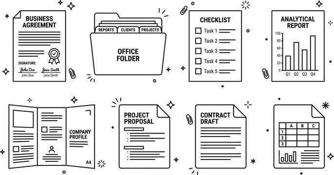 Business agreement office folder checklist analytical report company profile contract proposal spreadsheet data management vector outline icons set