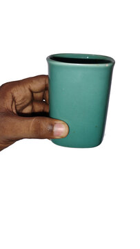 Hand Holding Green Ceramic Cup Handle Isolated on Transparent Background