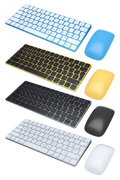 Colorful wireless computer keyboards with matching mice in modern style isolated on white background
