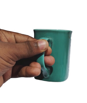 Green Ceramic Mug Held by Hand Isolated on Transparent Background