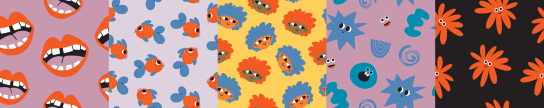 Whimsical patterned backgrounds featuring cartoon mouths fish and floral designs