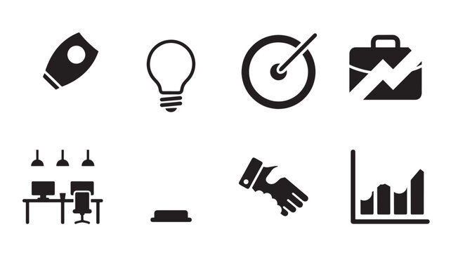 Collection of business and office icons in black and white, including symbols for ideas and growth