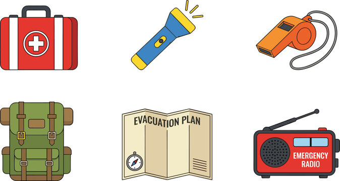 Emergency preparedness kit vector set with survival backpack first aid kit emergency radio flashlight and evacuation plan