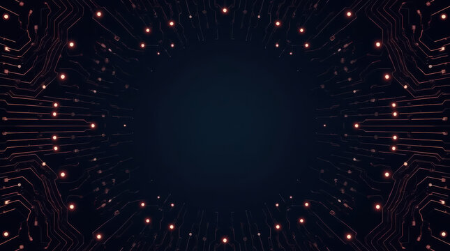 Dark technology circuit frame with glowing nodes and spacious center, futuristic minimalist