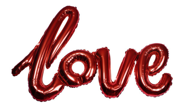 Shiny red metallic foil balloons spelling love , isolated on transparent background