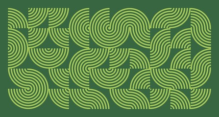 Obraz premium A dynamic abstract design of lime curved and straight lines forming rhythmic geometric shapes on dark green.