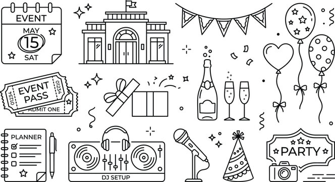 Event planning party organization festival calendar ticket building dj setup champagne bottle balloons linear vector outline icons set