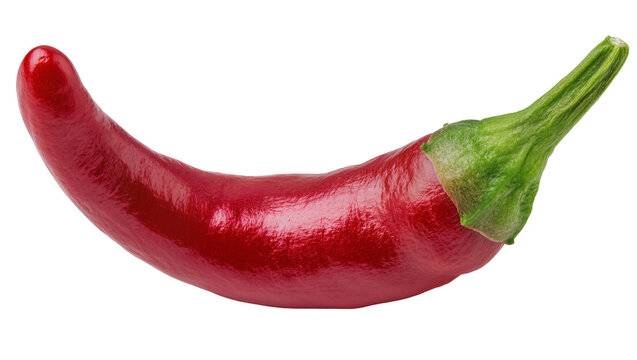 Glossy red chili pepper with green stem, isolated on transparent background