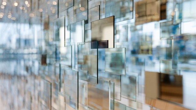 Transparent glass square installation with floating panels and bokeh reflections for modern interior decor background and abstract design showcase