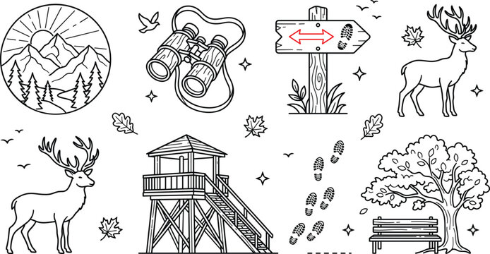 Forest hiking adventure nature wildlife deer binoculars watchtower trail signpost footprints red accent vector outline illustrations set collection