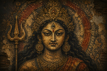Obraz premium Goddess Durga portrait in an intricate antique golden textured artwork with trident and ornate spiritual details