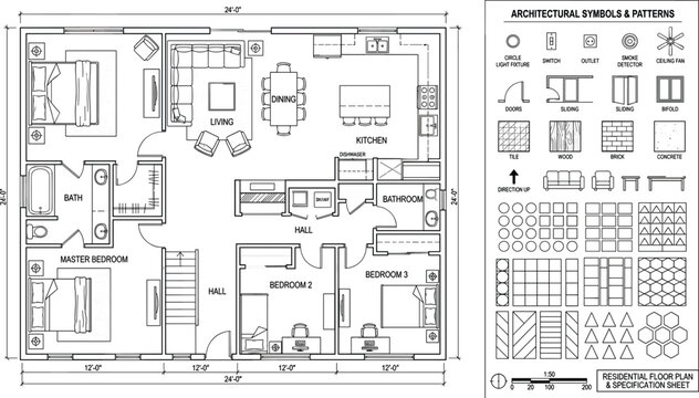 Architectural Residential Floor Plan with Three Bedrooms, Living Room, Kitchen Layout, and Technical Blueprint Specification Sheet Asset Icons Vector Illustration