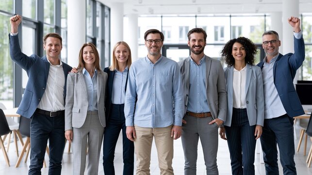 confident corporate team celebrating improved workplace performance after reviewing analytics dashboard, bright office with panoramic windows, clean modern design, ultra realistic photography