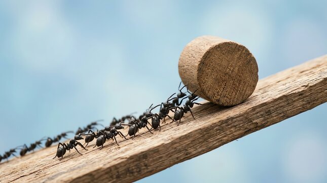 Teamwork ants pushing cork uphill, unity and collective effort concept