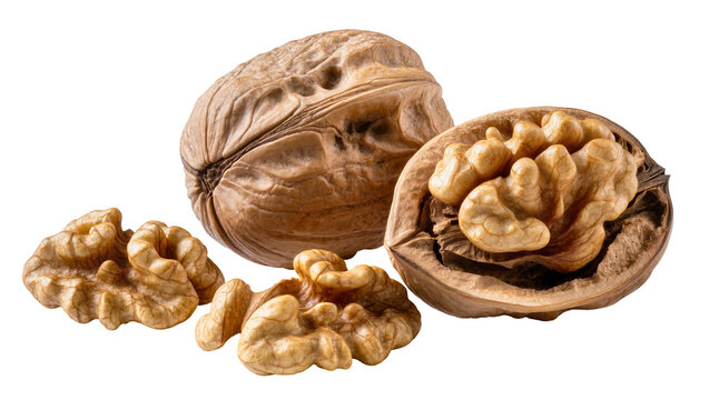 Whole and cracked walnuts with kernels, isolated on transparent background