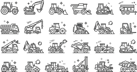 Heavy construction machinery and agricultural vehicles line icons set featuring tractors excavators dump trucks bulldozers and industrial equipment © S O H A G