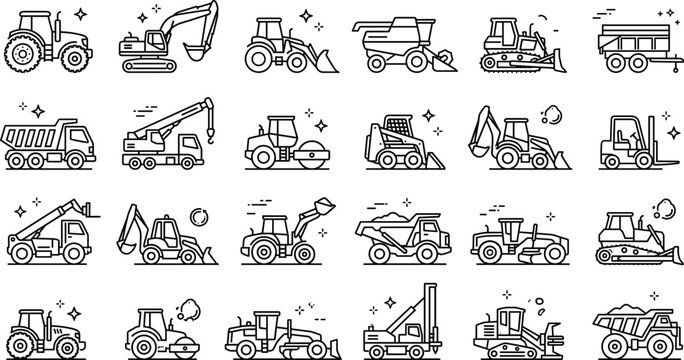 Heavy construction machinery and agricultural vehicles line icons set featuring tractors excavators dump trucks bulldozers and industrial equipment