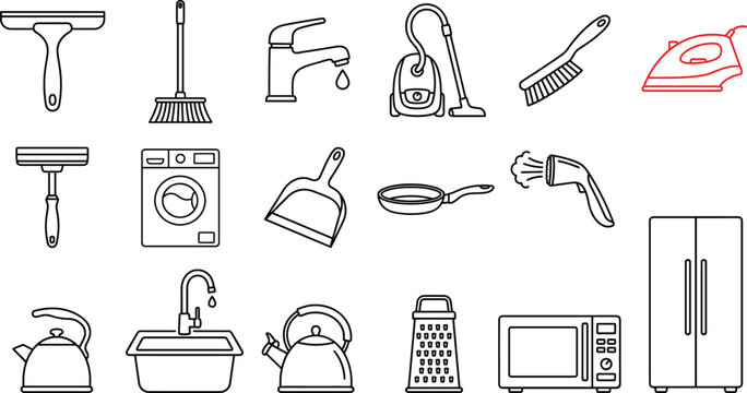Home appliances and domestic cleaning housekeeping icon set with refrigerator microwave washing machine squeegee line art illustration