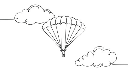  Minimalist continuous line art illustration of person parachuting between clouds, symbolizing adventure, freedom, skydiving, risk, exploration, courage, travel, and outdoor extreme sports lifestyle © VectorCraze