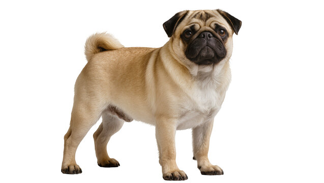 Fawn pug dog with curled tail standing alert, isolated on transparent background