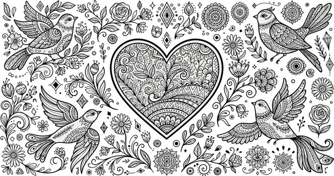 PrintIntricate Mandala Heart and Flying Birds Coloring Page Illustration with Detailed Folk Art Flowers and Botanical Flourishes for Adults Relaxation
