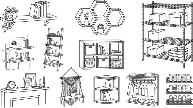 Home organization and interior storage shelf icon set with bookshelf wire rack wardrobe line art illustration for decor