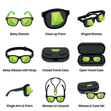 Collection of stylized glasses and prisms, flat design icons, isolated elements in green and black, representing eyewear and optical accessories