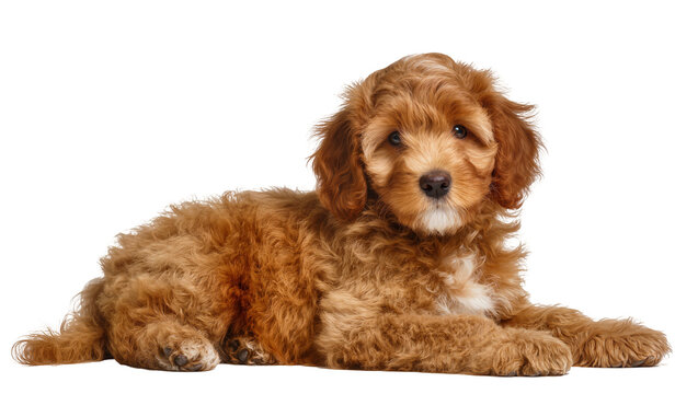Fluffy auburn cockapoo puppy lying down, isolated on transparent background