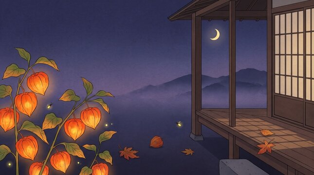 Hozuki lantern plants on indigo dusk japanese late summer card with copy space