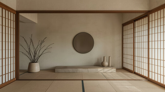 Minimal Japanese interior with shoji screens, tatami floor, vase and round mirror