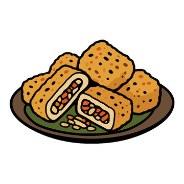 Vector cartoon illustration of traditional Indonesian tahu isi deep fried stuffed tofu snacks served on a plate