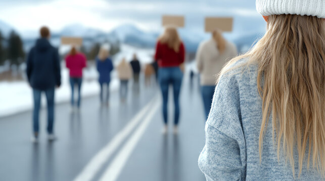 A protest scene showing individuals marching with signs along a snowy road, advocating for social change and awareness.