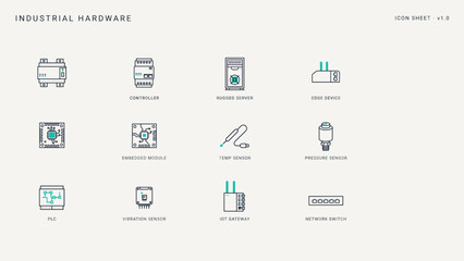 Naklejka premium Industrial computer hardware icon set – Great for B2B technology sites, industrial IoT promotions, or automation systems.