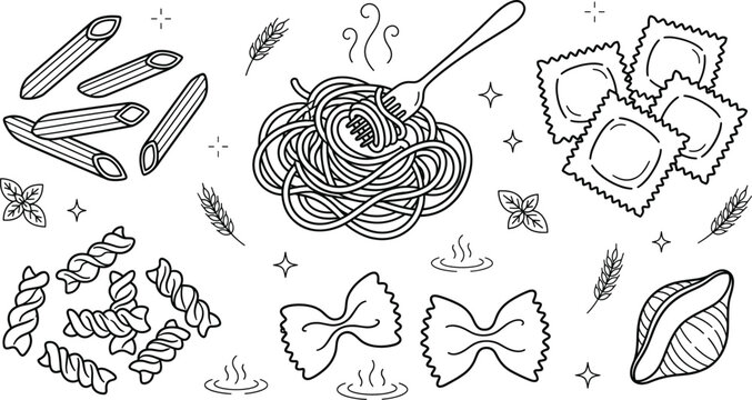 Italian pasta varieties spaghetti fork penne ravioli farfalle fusilli conchiglie wheat basil linear black vector outline illustrations set