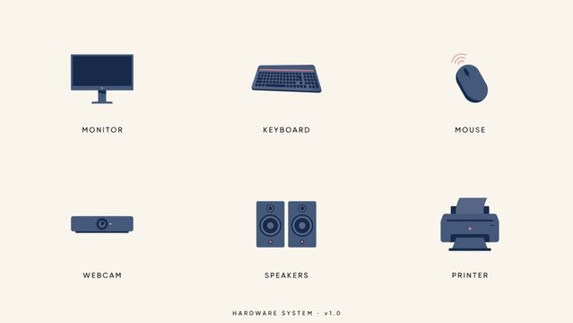 Desktop computer accessories flat icons &ndash; Perfect for office supply retail, remote work blogs, or IT setup guides.