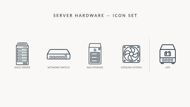 Server rack and network hardware icons &ndash; Great for cloud hosting services, data center promotions, or IT blogs.