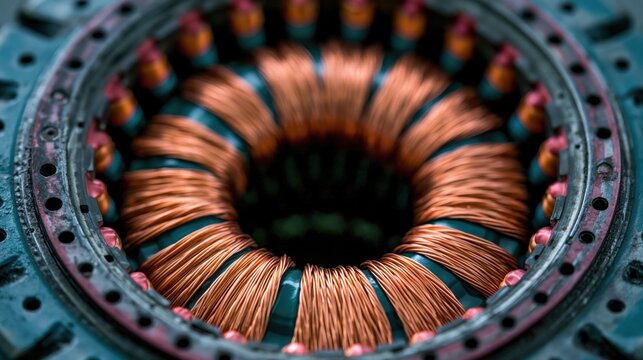A close-up view of a copper wire coil in an industrial electrical component