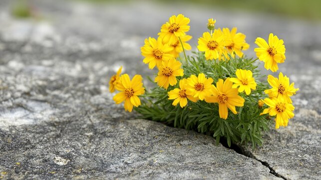 windblown. Bright yellow wildflowers growing from a crack in a gray rock. gardening catalogs, home-decor guides, designed for gardening and botanical catalogs and home decor and floral branding.