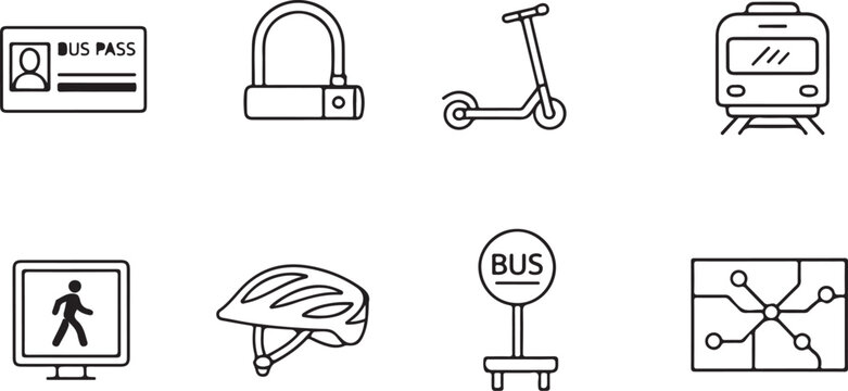 Public transportation and urban mobility icon set, 8 black line vector elements for city travel, bus pass and commuter transit symbols