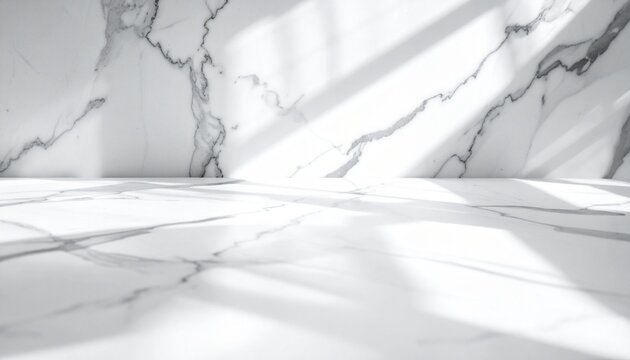 A minimal white marble product background with soft natural sunlight shadows perfect for advertising skincare and cosmetic luxury displays.