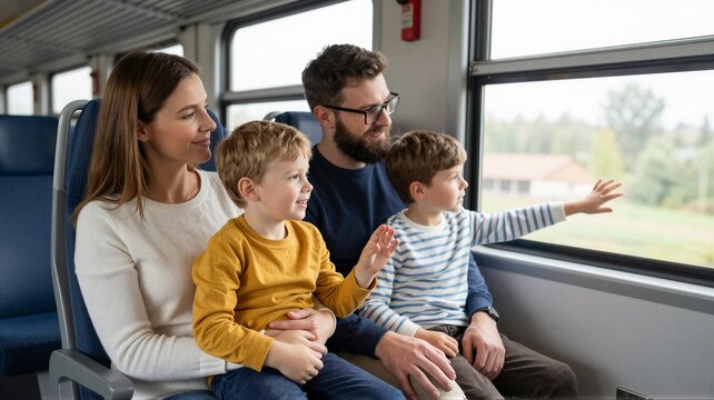 Young family traveling by train, mother and father seated with two boys waving at passing countryside through large window, smiling together outside