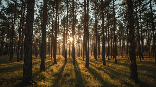 Golden sunlight streaming through tall pine trees casting long shadows across grassy forest floor