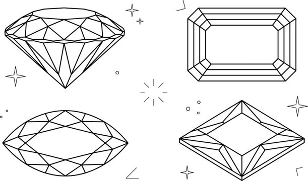 Luxury diamond and gemstone jewelry cuts icon set with brilliant emerald marquise shape line art illustration design