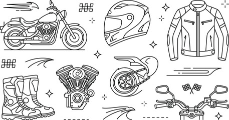Motorcycle biker riding gear cruiser chopper helmet leather jacket engine boots linear black vector outline icons set collection © S O H A G
