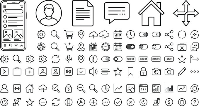 Mobile app user interface UI navigation icon mega set with smartphone layout wireframe elements line art illustration software