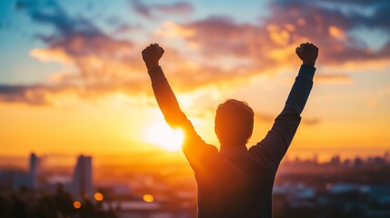 Fototapeta premium Silhouette person raises both arm at sunrise over city skyline, symbolizing achievement, success, goal setting, and victory.