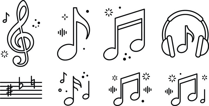 Music notation and audio sound icon set with musical notes clef headphones stave line art illustration for entertainment
