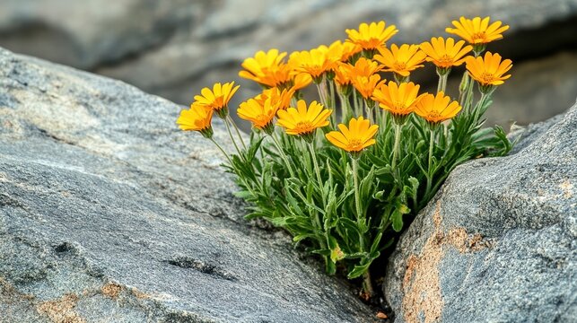 windblown. Bright yellow wildflowers growing from a crack in a gray rock. gardening catalogs, home-decor guides, designed for gardening and botanical catalogs and home decor and floral branding.