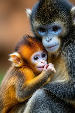 Mother Francois langur monkey holds bright orange infant in arms. Adult primate protects small baby with dark grey fur inside forest habitat. Wild animal family bonds together outdoors. Cute young
