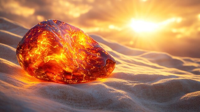 Amber gem glows in golden sunset desert sand